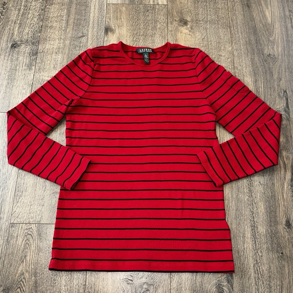 Lauren Ralph Lauren Women's L 100% Cotton Shirt Red Striped Quiet Luxury(fits M)